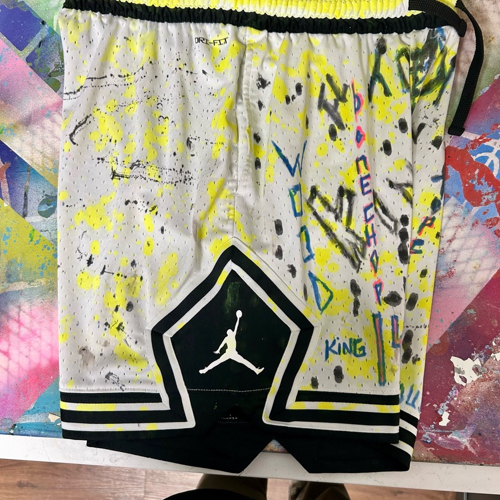 Men’s Nike, Air Jordan, basketball shorts, size XL, white and yellow and black